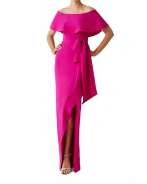 Teri Jon Crepe Off The Shoulder Flounce With Bow Trim Gown - Pink