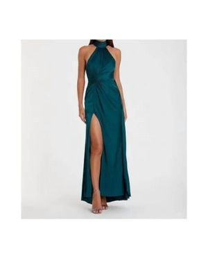 Ieena for Mac Duggal Side Ruched Satin Halter Gown Dress - Blue