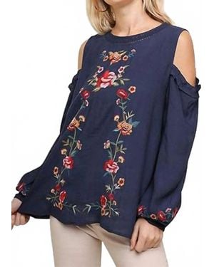 Umgee Floral Embroidered Crochet Trim Top - Blue