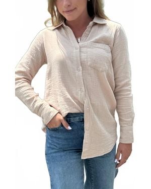 Bobi Button Front Long Sleeve Top - Blue