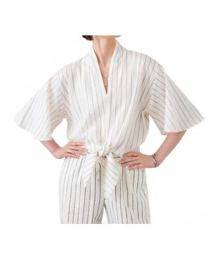 Karen Kane Linen Blend Stripe Flare Sleeve Tie-Front Top - White