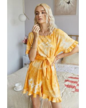 TRUEDAMES Tie Dye Ribbed Ruffle Tie Waist Pleated Romper - Metallic