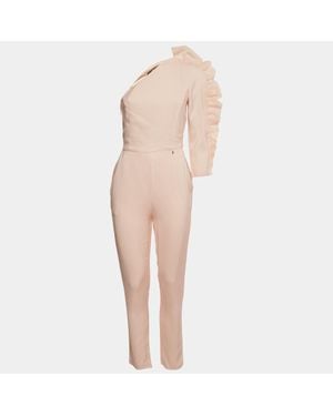 Elisabetta Franchi Peach Gingham Cotton Ruffled One Shoulder Jumpsuit - Natural