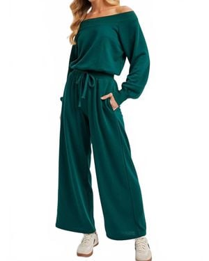 Bluivy Wide Neck Off The Shoulder Knit Jumpsuit - Green