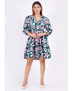 Leota Zariah Empire Waist Mini Dress Dancing Daisies Evergreen - Blue