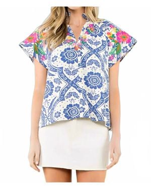 Thml Embroidered Floral Tile Short Sleeve Top - Blue