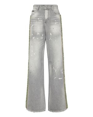Philipp Plein Denim Skater Fit Pants Rib Strass - Gray