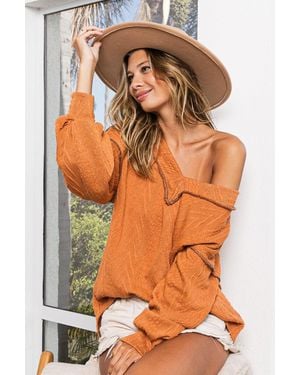 TRUEDAMES Textured Exposed Seam Drop Shoulder Knit Top - Orange