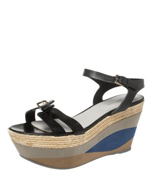 Sergio Rossi Leather Wedge Espadrille Ankle Strap Sandals - Black