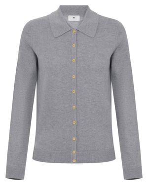 Elisabetta Franchi Button-Up Sweater With Pointed Collar And Ribbed Details - Gray