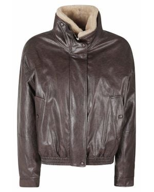 Low Classic Fur Collar Faux Leather Jacket - Brown