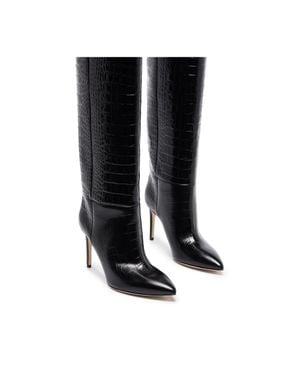 Paris Texas Calf Leather Crocodile Mid-Calf Boots - Black