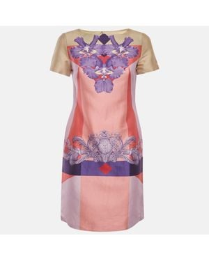 Versace Cream Printed Cotton Sheath Dress - Pink
