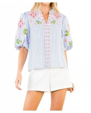 Thml Puff Sleeve Striped Embroidery Detail V-Neck Top - Blue