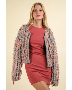 TRUEDAMES Shaggy Yarn Knit Zip Up Jacket - Red