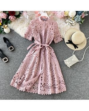 TRUEDAMES Hollow-Out Elegant Mandarin Collar Dress Long Sleeve Lace Midi, Short Sleeve Button-Front Tie-Waist Gown - Pink