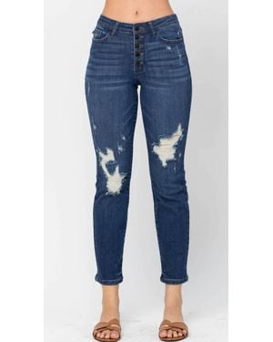 Judy Blue High Waist Zigzag Button Fly Destroy Boyfriend Jeans - Blue