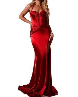 Jovani Strapless Fitted Satin Gown With Corset And Train - Red