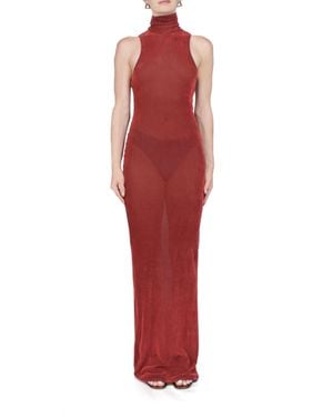 Priscavera Velvet Mesh Turtleneck Maxi Dress - Red