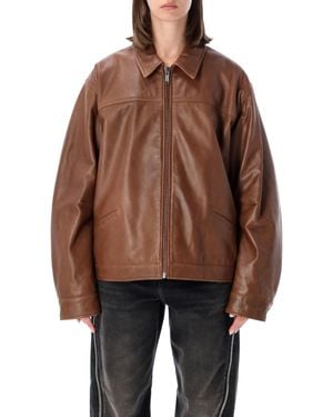 Haikure Silky Leather Cropped Jacket For With Boxy Fit & Adjustable Waist - Brown