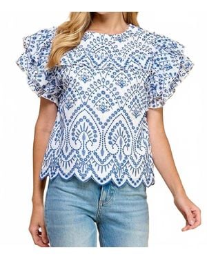 TCEC Embroidered Eyelet Ruffle Sleeves Top - Blue