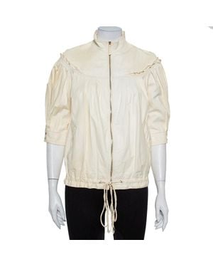 Roberto Cavalli Cream Leather Pleated Detail Zipper Front Jacket - Natural