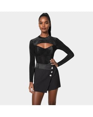 Bebe Shadow Stripe Velour Cutout Knit Bodysuit - Black