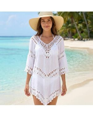 TRUEDAMES Crochet Trim V-Neck Sheer Beach Cover Up Poncho - Blue