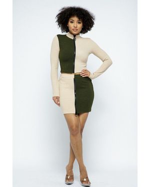 TRUEDAMES Rib Color Block Mock Neck Long Sleeve High-Waist Mini Skirt With Front Zipper Set - Green