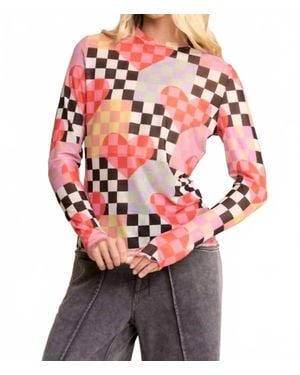 Davi & Dani Checkered Heart Mesh Long Sleeve Top