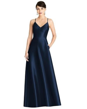 Alfred Sung V-Neck Full Skirt Satin Maxi Dress - Blue