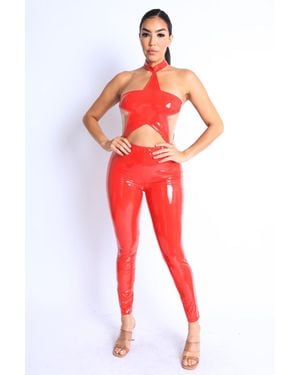 TRUEDAMES Star Point Sheer Mesh Mix Jumpsuit - Red