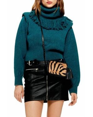 TOPSHOP Rock It Fringe Turtleneck Cropped Sweater - Black