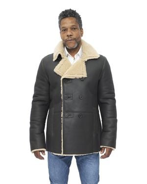 Infinity Leather Double Breasted Shearling Sheepskin Pea Coat-Kington - Black
