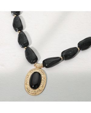 Fashnzfab Ornate Oval Pendant Chunky Beaded Statement Necklace - Metallic