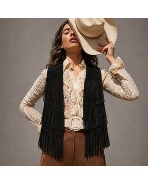 TRUEDAMES Western Layered Fringe Tassel Poncho Vest - Black