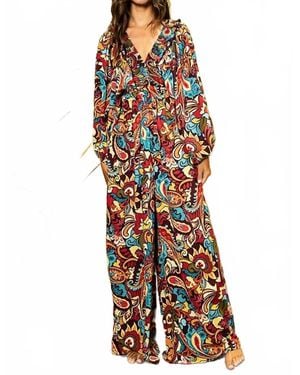 Bucketlist Paisley Smocked Ruffled V-Neck Jumpsuit - Multicolor