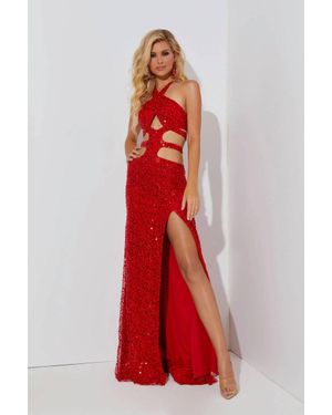 Jasz Couture Halter Neck Cut-Out Detailed Evening Dress - Red