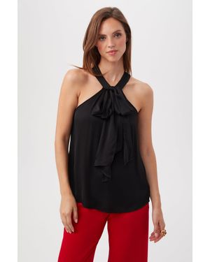 Trina Turk Mallie Silk Satin Sleeveless Bow Halter Top - Black