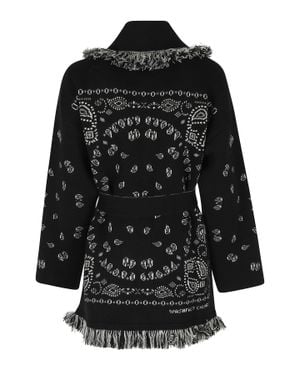 Alanui Bandana Jacquard Fringed Belted Cashmere Cardigan - Black