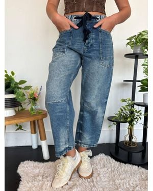 Aaron & Amber Eyelet Waist Medium Wash Barrel Denim Jeans - Blue