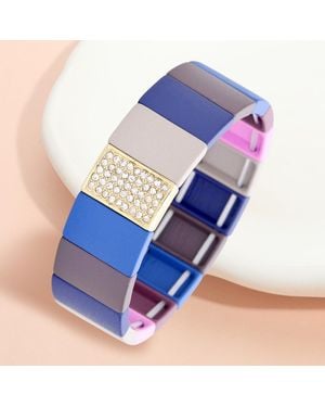 Fashnzfab Colorful Wood Rectangle Rhinestone Pave Stretch Bracelet - Blue