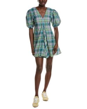 Ganni Seersucker Check V-neck Mini Dress - Green