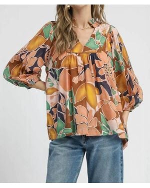 Umgee Abstract Floral Print Blouse With Ruffle Neck - Multicolor