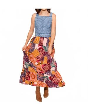 Fate Washed Denim Quilted Bust Mix Media Dress - Red