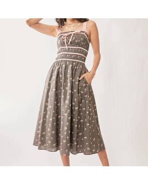 Davi & Dani Contrast Velvet Tape Smocking Bodice Midi Dress - Brown