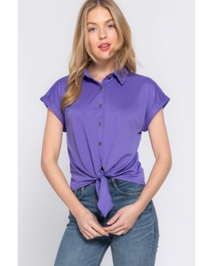 Fashnzfab Short Slv Front Tie Stretch Ity Top - Purple