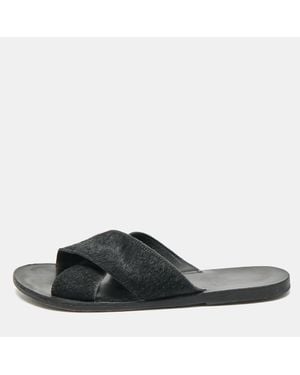 Ancient Greek Sandals Calf Hair Crisscross Flat Slides - Black