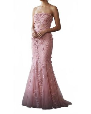 Marchesa Pre-Loved Tulle Strapless Gown With Applique And Crystals - Purple