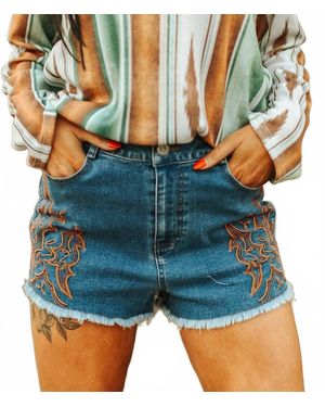 Lucky & Blessed Desert Stitched High-Rise Cutoffs Shorts - Blue